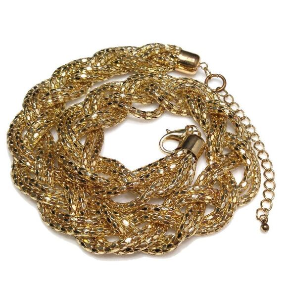 Gold Metal Mesh Braided Necklace, 24 Inches, Six Strands, Bright Shiny Gold Tone - Picture 6 of 6